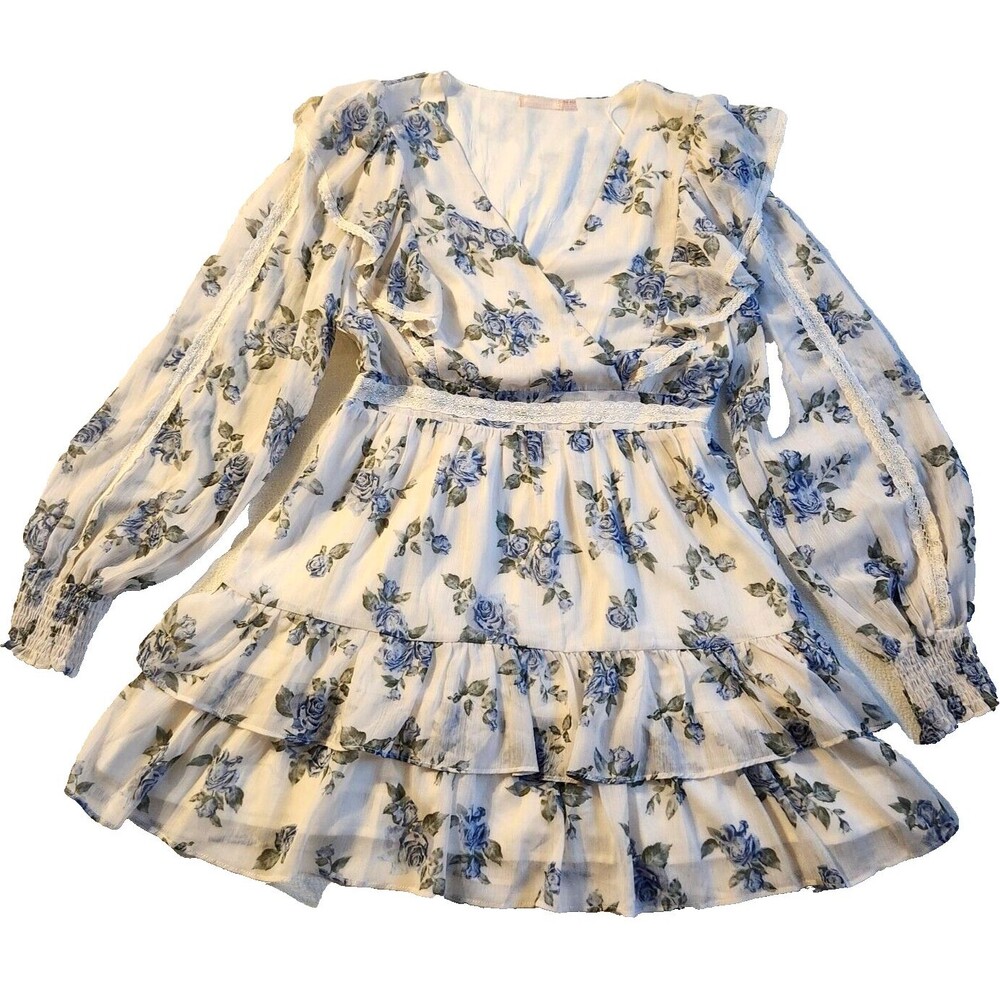Lovecollet Blue Floral Babydoll Fairy Dress Sheer Ruffles Cottage Core Large